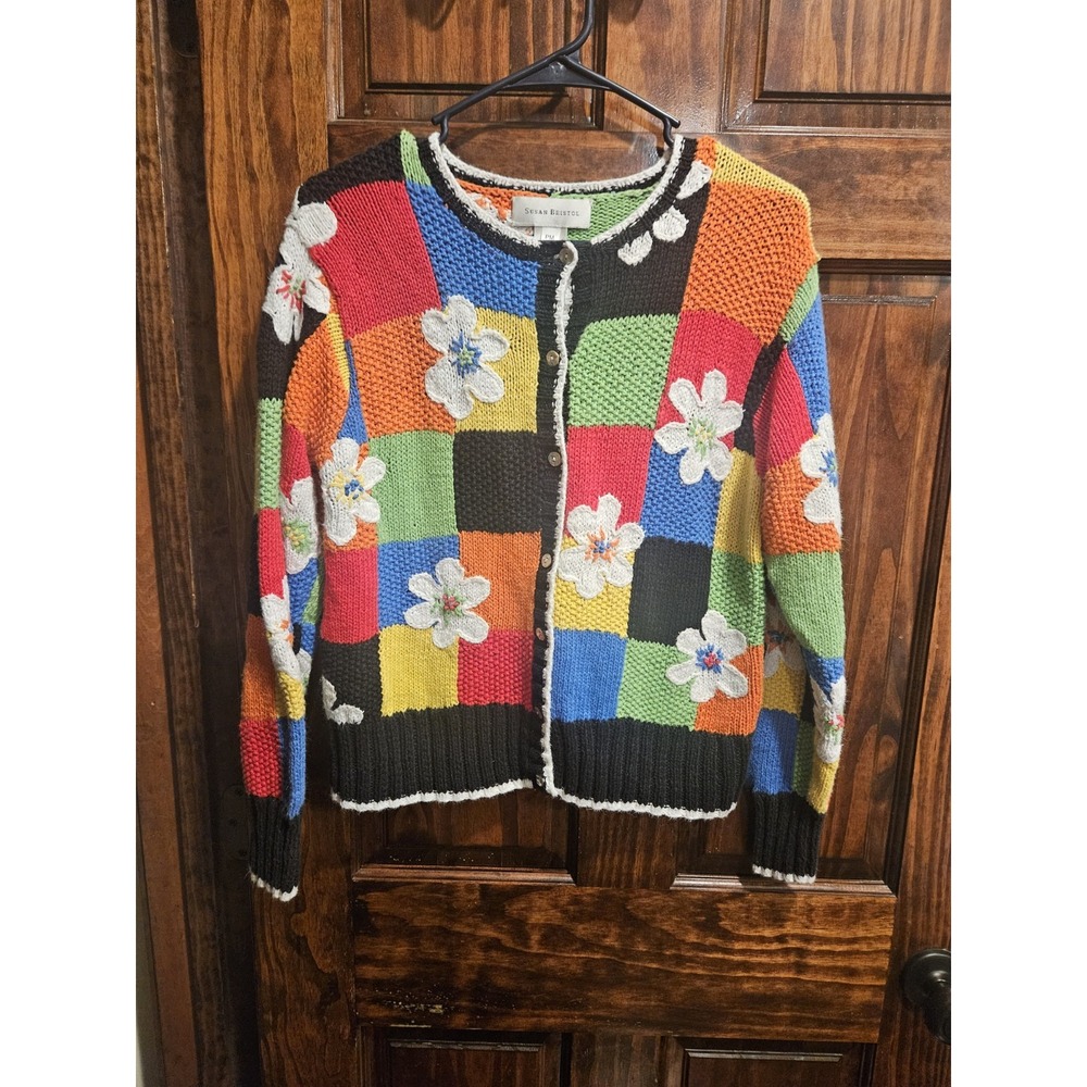 Susan Bristol Patchwork Knit Floral Cardigan Petite M Hippie Colorful VTG 90s